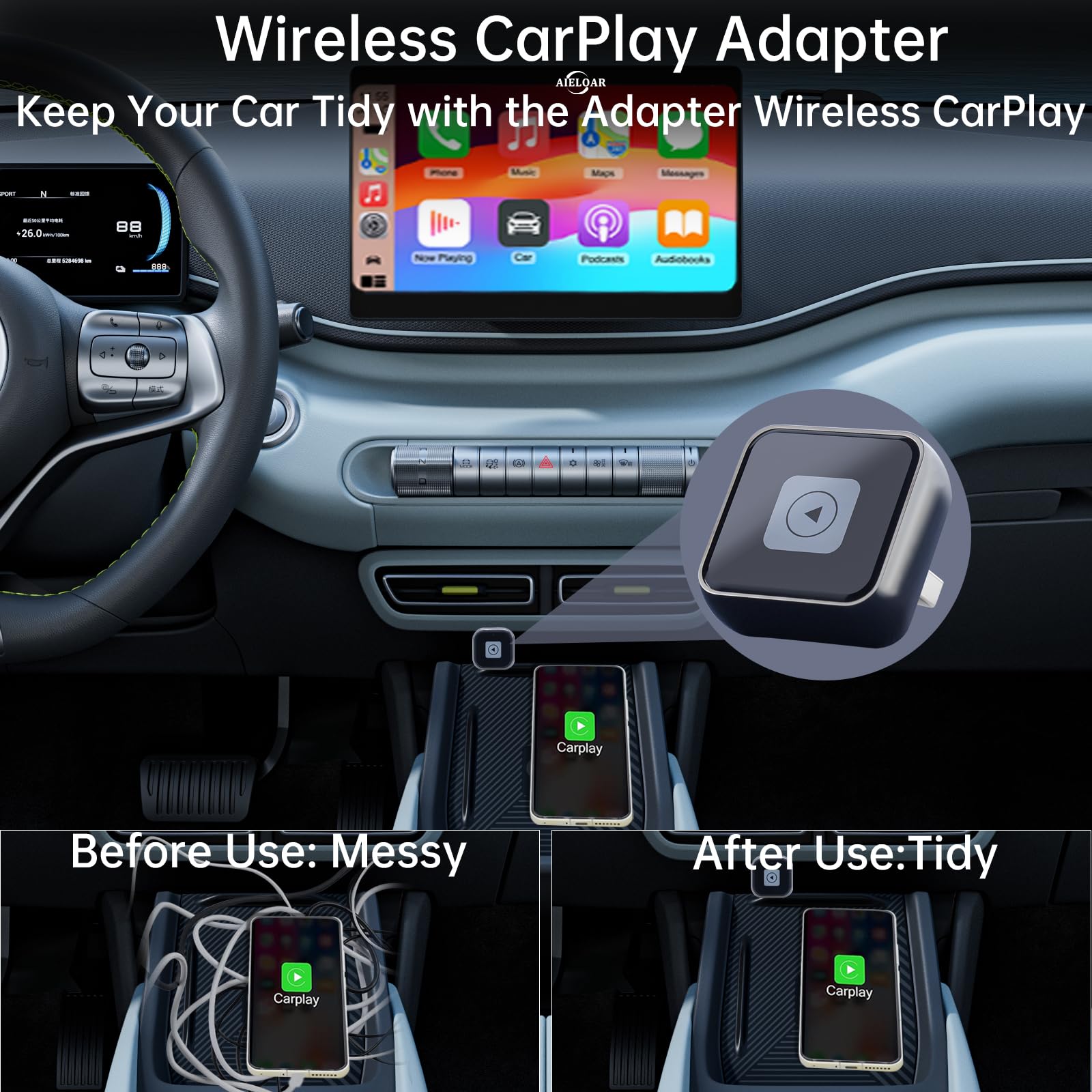 Wireless Carplay Adapter (2025 Upgrade),Plug and Play Convert Wired to Wireless Bluetooth Carplay Adapter Compatible with iPhone iOS 10+,- No Latency