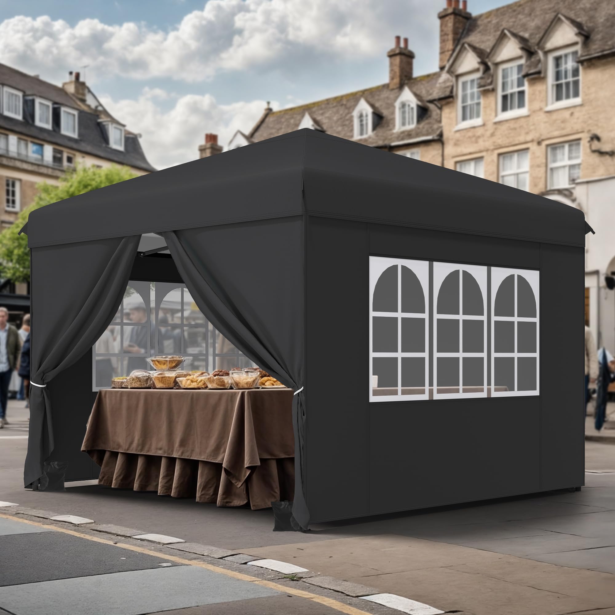 YITAHOME 3x3M Outdoor Pop Up Gazebo with Sides and Windows, Waterproof Folding Garden Canopy All Seasons Camping Gazebo Anti-UV with Adjustable Height Stakes Rope Carry & Weight Bags for Party Event