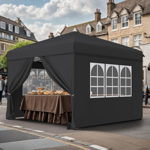 YITAHOME 3x3M Outdoor Pop Up Gazebo with Sides and Windows, Waterproof Folding Garden Canopy All Seasons Camping Gazebo Anti-UV with Adjustable Height Stakes Rope Carry & Weight Bags for Party Event
