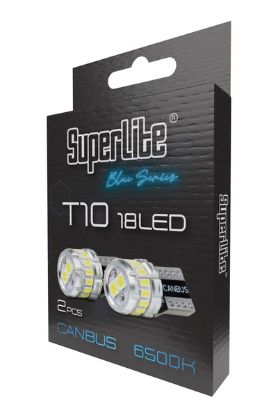 Superlite Set of 2 T10 Bulbs with 18 Leds from the Blue Series range. CanBus Technology and 6500K Colour Temperature. Ideal for Car and Truck.