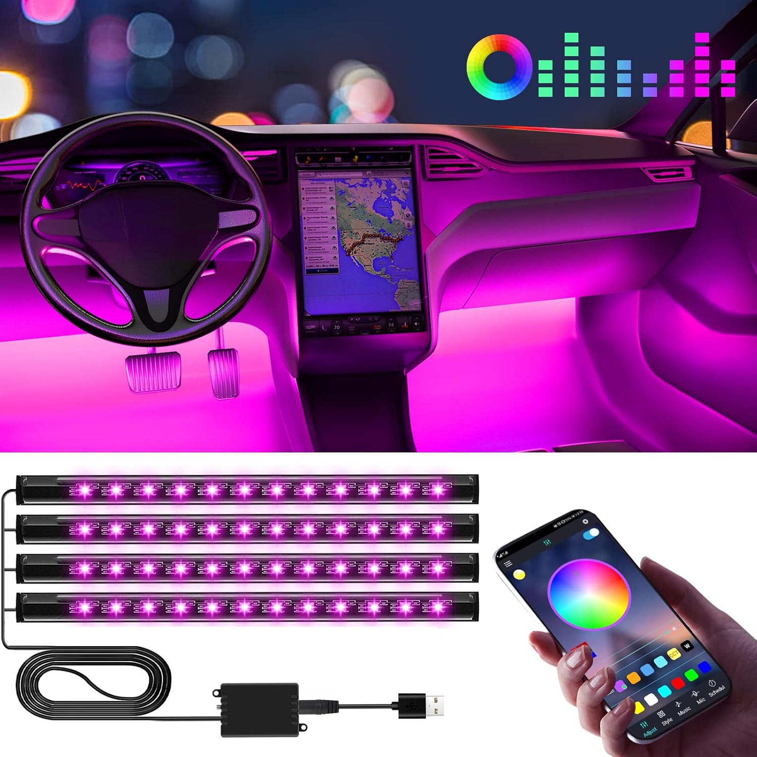 Winzwon Car LED Interior Lights, Gifts for Him Her, Car Accessories for Men Women, Car LED Strip Light with USB Port APP Control, Car Stuff Lighting Kits Decoration Car Atmosphere Lights (2)