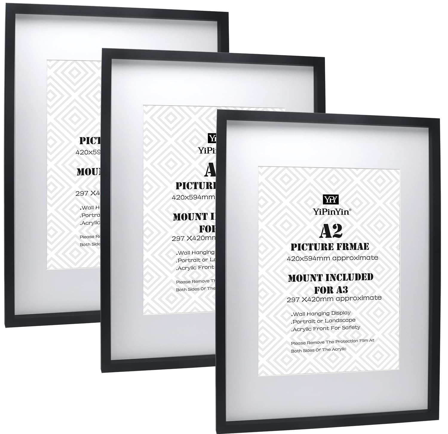 Black 50x70cm Boxed Picture Frames Set of 3 with Mounts for 40x60cm, 70x50cm poster frame with Acid Free mount for 40x60cm photo (Black 3Pack)