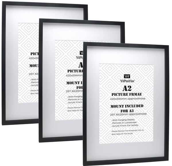 Black 50x70cm Boxed Picture Frames Set of 3 with Mounts for 40x60cm, 70x50cm poster frame with Acid Free mount for 40x60cm photo (Black 3Pack)