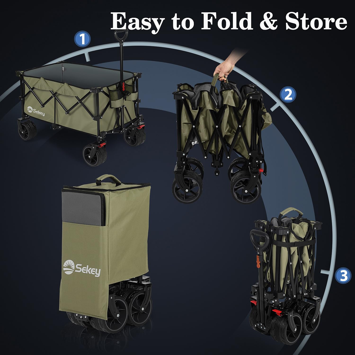 Sekey 200L Folding Festival Trolley with All-Terrain Extra Wide Wheels and Brake, Heavy-Duty Cart Loadable up to 150KG, Patented Four-Directional Foldable Design, Wagon for Beach Camping Outdoor, Grey