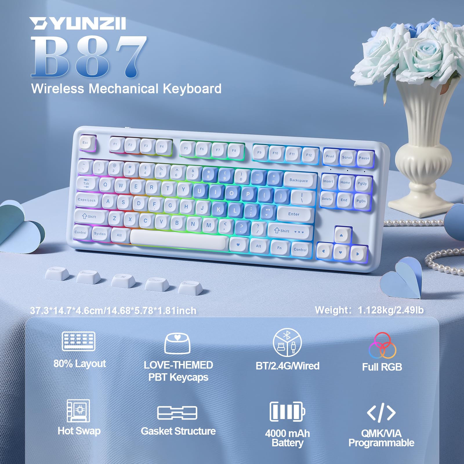 YUNZII B87 Wireless Mechanical Keyboard,QMK/VIA Software Custom Gaming,Gasket RGB Keyboard with Cute MOA Keycaps,Wrist Rest,BT5.0/2.4G/USB-C NKRO for Win/Mac (butter, milk v2 linear)