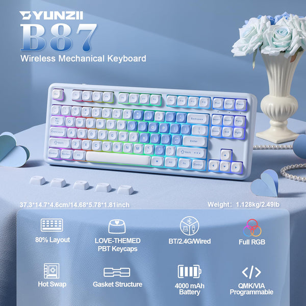 YUNZII B87 Wireless Mechanical Keyboard,QMK/VIA Software Custom Gaming,Gasket RGB Keyboard with Cute MOA Keycaps,Wrist Rest,BT5.0/2.4G/USB-C NKRO for Win/Mac (butter, milk v2 linear)