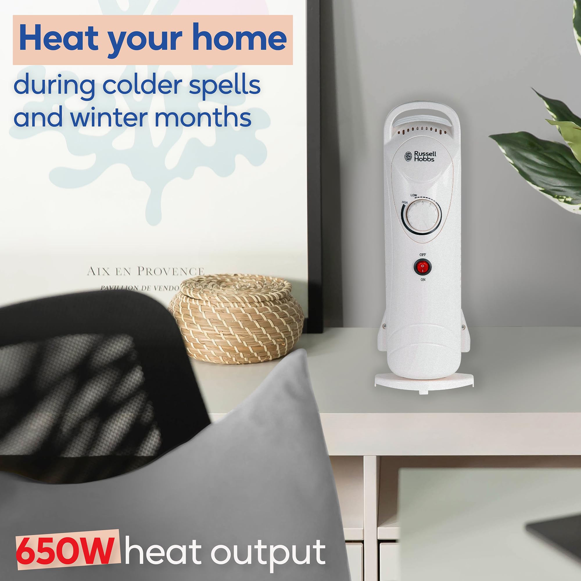 Russell Hobbs 1500W/1.5KW Oil Filled Radiator, 7 Fin Portable Electric Heater - White, Adjustable Thermostat with 3 Heat Settings, Safety Cut-off, 15 m sq Room Size, RHOFR5001, 2 Year Guarantee