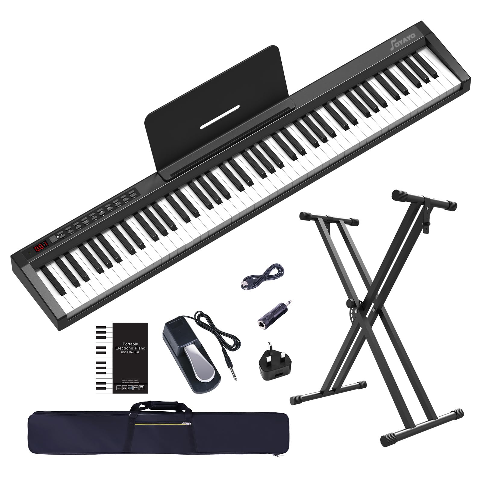 OYAYO 88 Key Digital Piano Full Size Semi-Weighted Keys, Complete Bundle Includes Double X Stand, Travel Bag, Touch Sensitivity Portable Keyboard for Beginners and Musicians on the Road