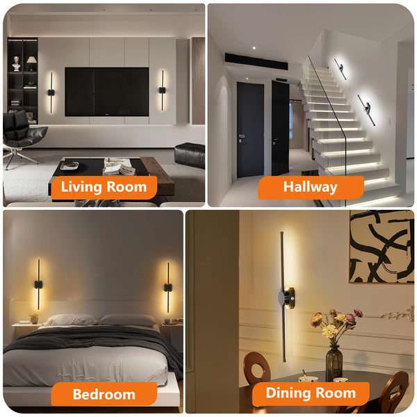 Battery Operated Wall Lights Indoor,USB Rechargeable LED Wall Lamps,with Remote Control,Dimmable Touch Wireless Black 72cm 350°Rotation Modern Wall Light for Living Room/Bedroom,2 Pack [Energy C]