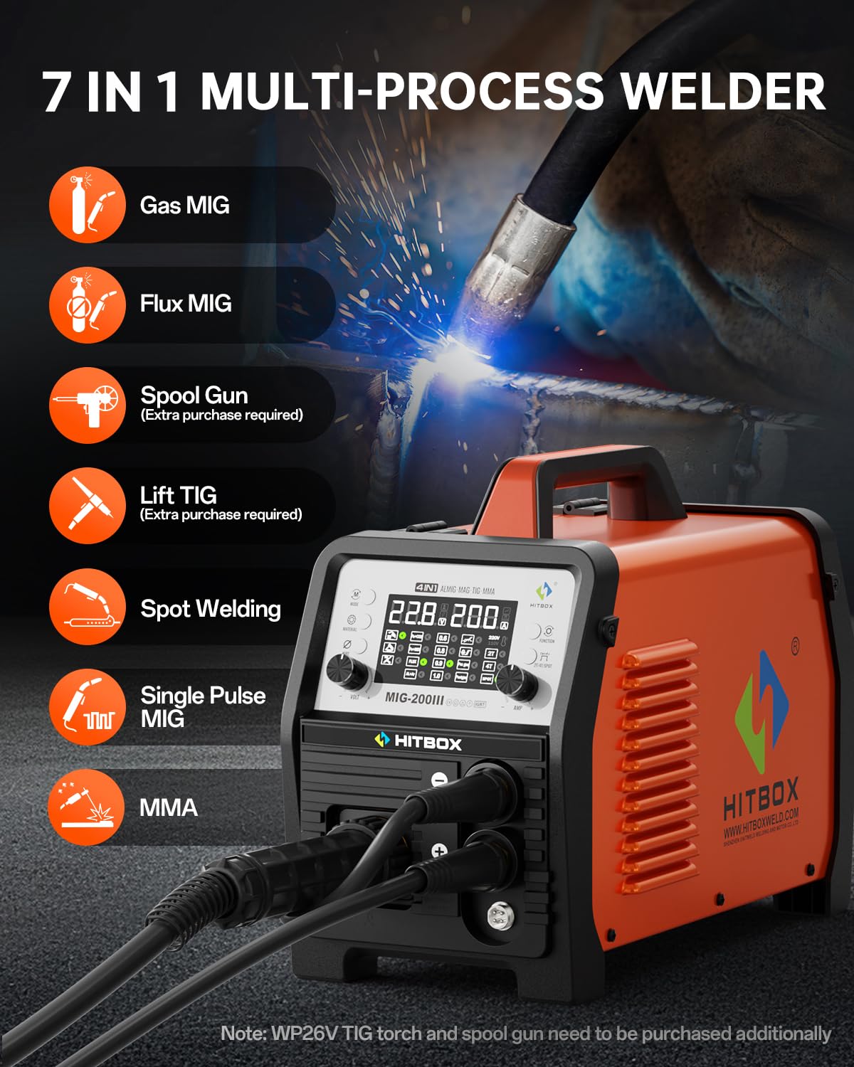 HITBOX MIG Welder 240V, 200Amp 7 in 1 Gas MIG/Gasless MIG/Stick/Lift TIG/Spot Welding/Spool Gun Aluminum Welder Machine, Multi Process Synergy Welding Machine with LED Display Pre/Post Gas(MIG200III)