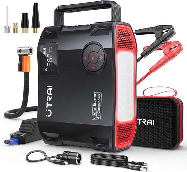 6500A Jump Starter Power Pack with Air Compressor,UTRAI Car Battery Booster Jump Starters with 18W Fast Charging/1600 Lumens LED Flashlight/160 DC OUT,Powerbank Charger for All Gas/12L Diese