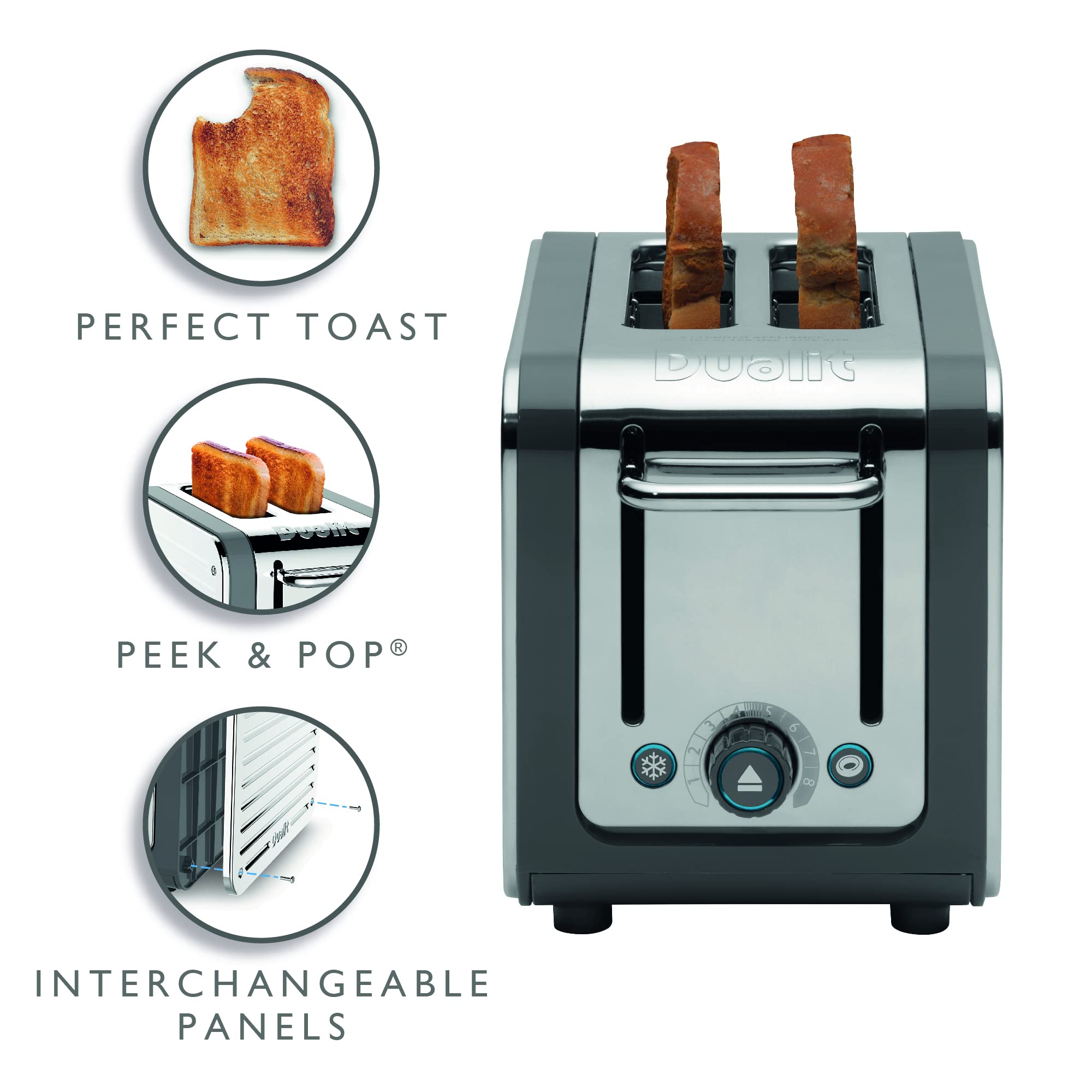 Dualit Architect 2 Slice Toaster Stainless Steel with Grey Trim Extra-Wide Slots, Peek and Pop Function, Patented Ideal Toast Technology  Matching