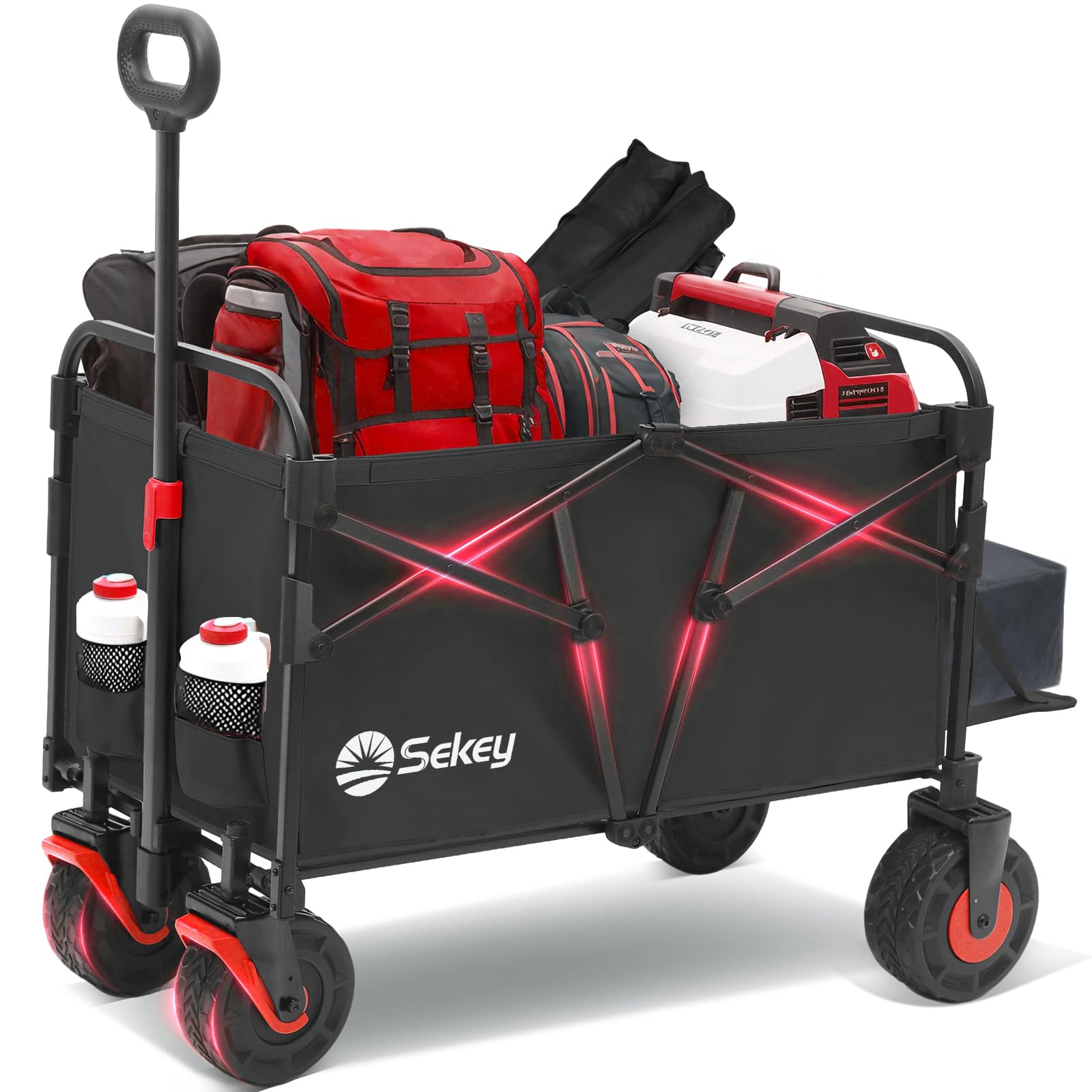 Sekey 332L Folding Festival Trolley with Expandable Tailgate, Patented Design Beach Cart - Diamond Collapsible, Wide All-Terrain Wheels, Brake, 350LB Load Capacity Heavy Duty Wagon for Camping, Black