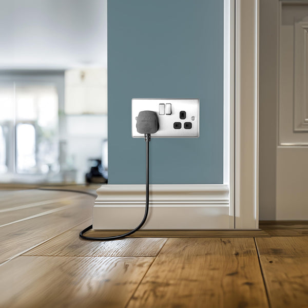 BG Electrical Cooker Switch with Socket and LED, Cooker Control Unit, Control Socket, Double Pole, Raised Profile, Round Edges, Nexus Metal, Brushed Steel, Grey Inserts, 45A, NBS70G