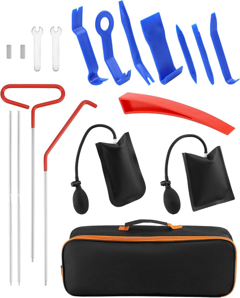 QWORK® 17-Piece Car Tool Kit Breakdown Emergency Kit with Long Reach Grabber, Air Wedge Pump and Trim Removal Tools for All Vehicles