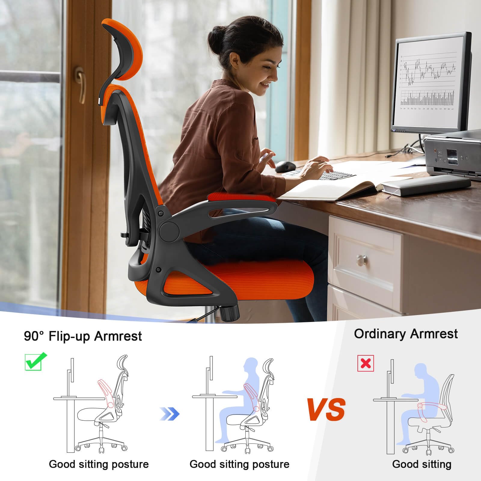 Office Chair - Ergonomic Desk Chair with Lumbar Support Headrest Adjustable, Padded Flip-up Armrests Comfy Seat Cushion High Back Executive Manager Chair For Home Office