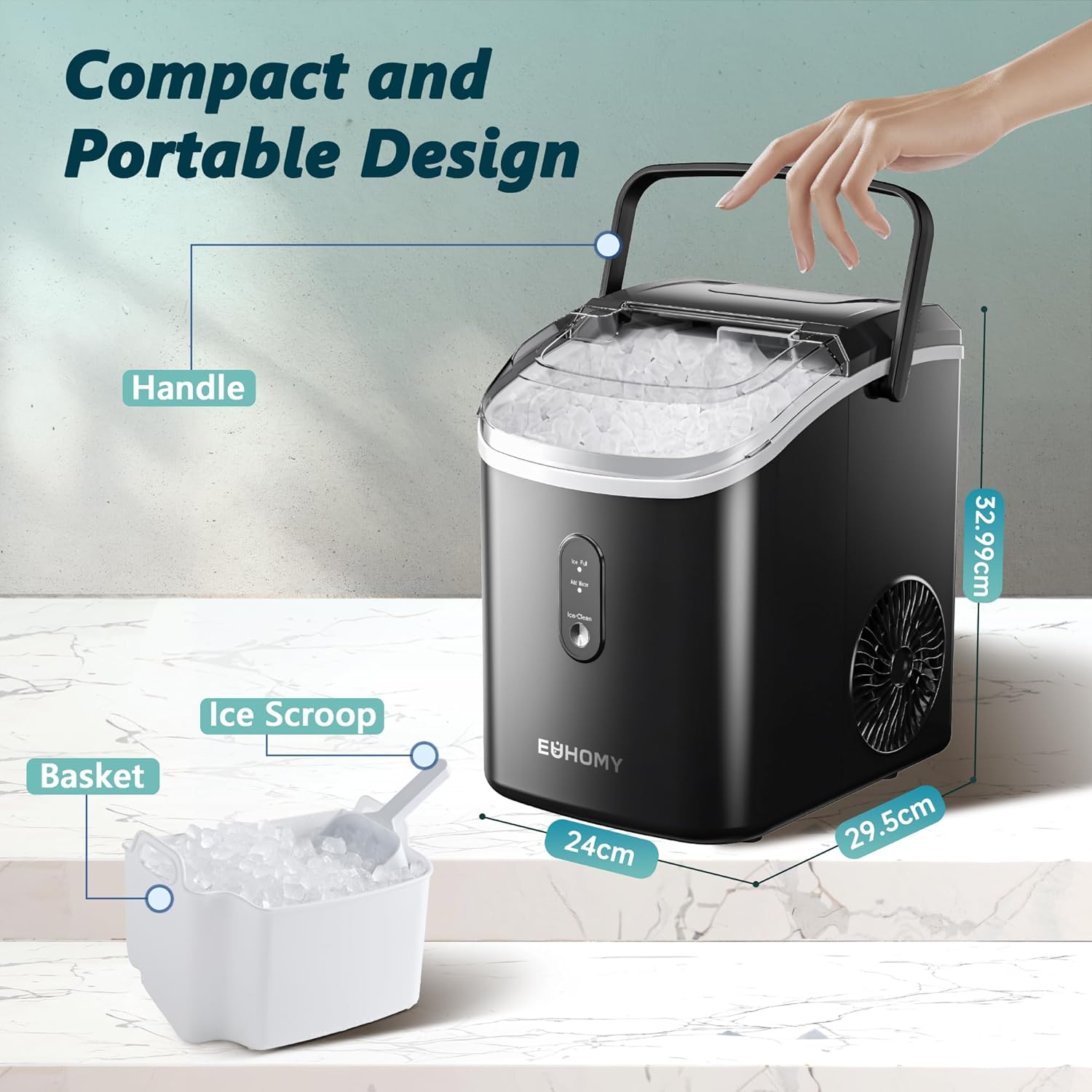 Ice Maker Machine Countertop Ice Cube Maker with Portable Handle, 9 Ice Cubes in 6 Mins, Self-Cleaning Compact Ice Maker 12 kg in 24 Hrs, with Ice Scoop and Basket for Home/Kitchen/Office/Bar
