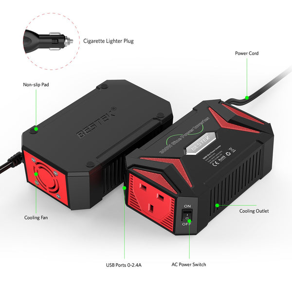 BESTEK 300W Pure Sine Wave Power Inverter 12V to 240V 230V with 4.8A Dual Smart USB Ports Car Adapter Charge Your Laptop iPad iPhone Tablet Consoles & More