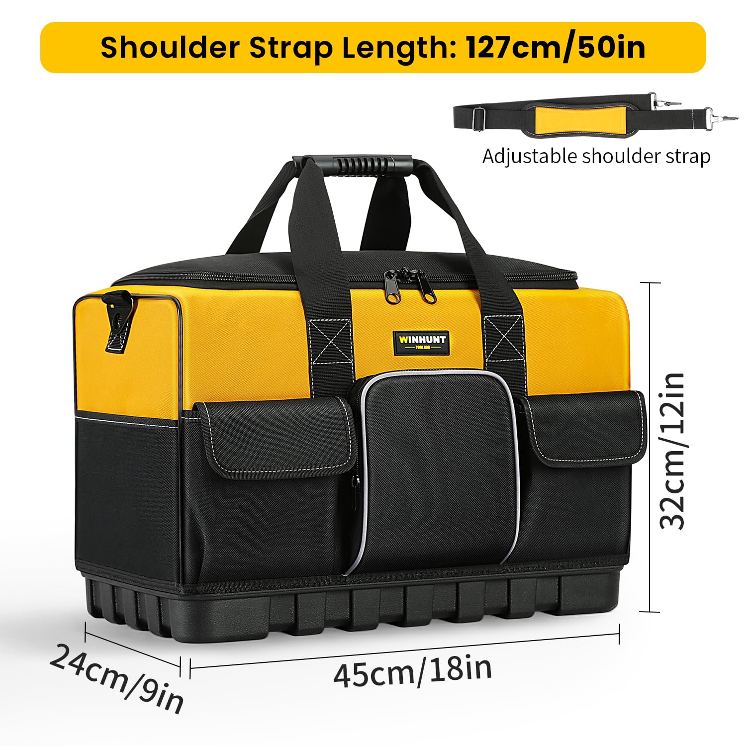 WINHUNT Open Mouth Tool Bag, Heavy Duty Electrician Tool Bags, Tool Storage Organiser with Waterproof Hard Base, Yellow/Black, 16 Inch