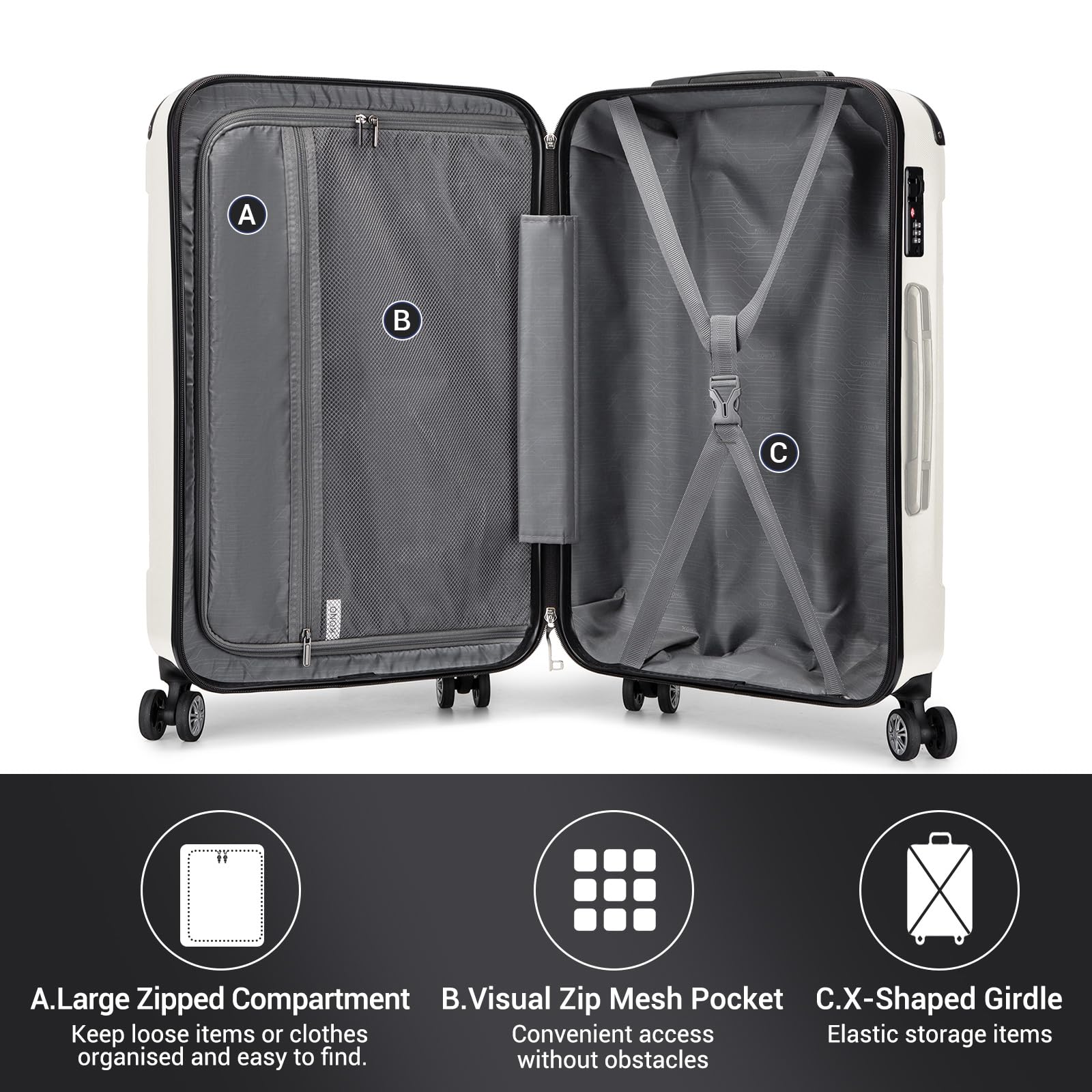 Kono 28 Inch Large Hard Shell Luggage Lightweight ABS 4 Wheels Spinner Business Trip Trolley Case Suitcase (Grey)