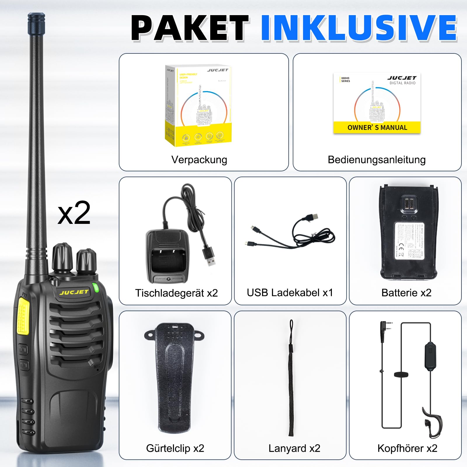 JUCJET Walkie Talkies 2023 Upgraded 88E Walkie Talkie Long Range for Adults with Earpieces, 16 Channel Handheld 2 Way Radio Rechargeable with Flashlight Li-ion Battery and Charger(4 Pack)
