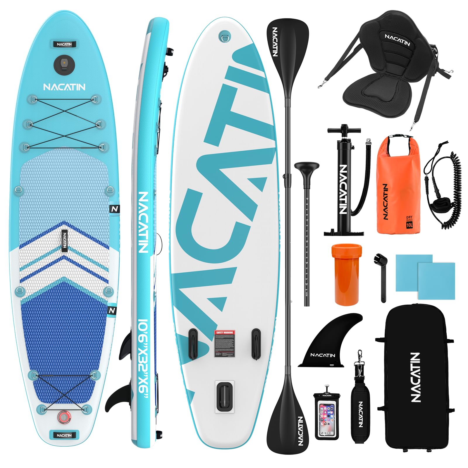 Paddle Boards for Adults, NACATIN Inflatable Stand Up Paddle Board with 10'6" SUP Paddleboard, Adjustable Paddle, Pump, Backpack, Dry Bag, Ideal for All Skill Levels (Optional Kayak Seat Available)