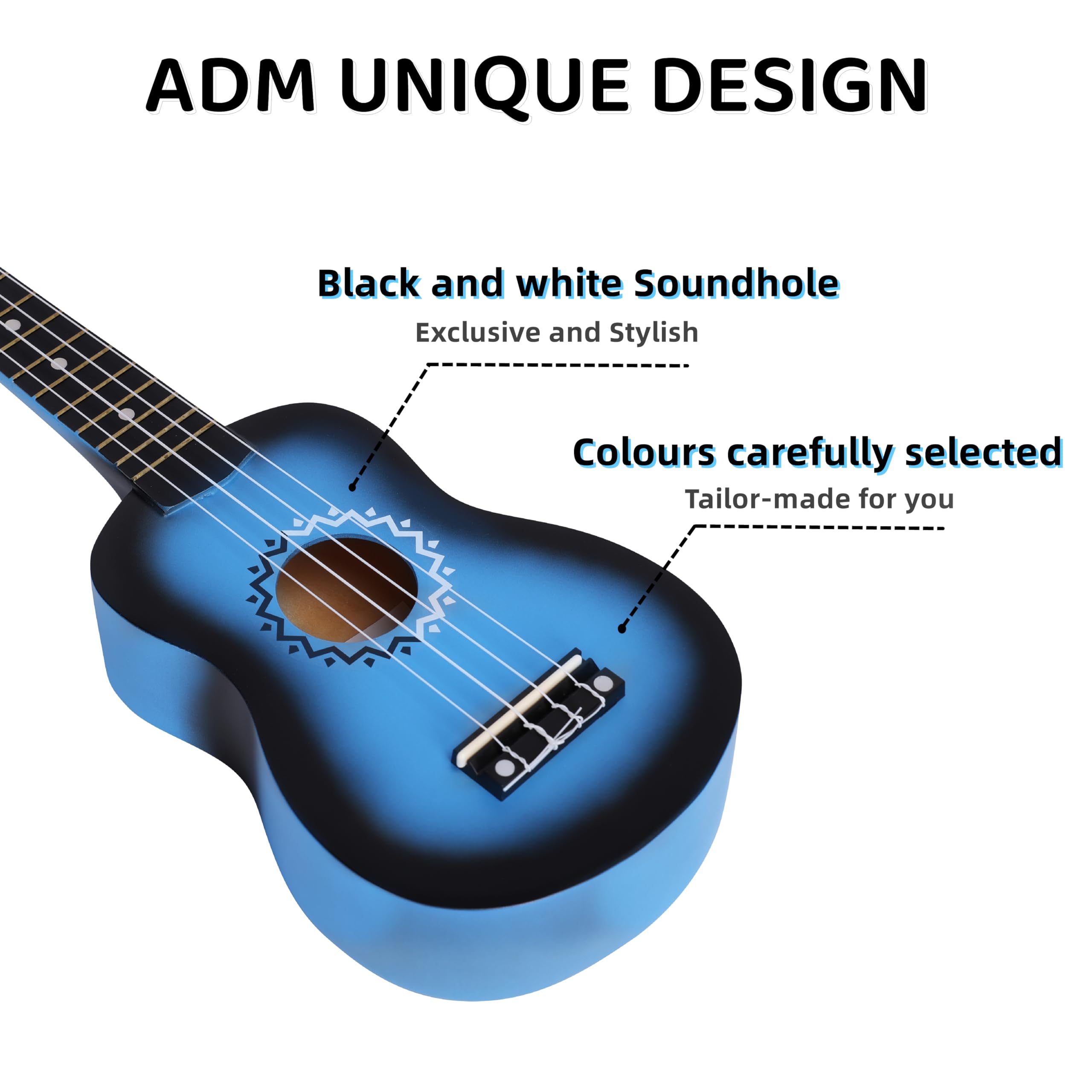 ADM Soprano Ukulele Set for Kids and Beginners, Ukulele Starter Kit with Bag, Clip-On Tuner, Rainbow Strings, Colourful Strap, Plectrum, Fingerboard Sticker, Chord Card (Dark Blue)