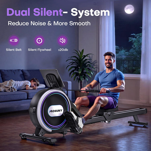 Rowing Machine, MOSUNY Ultra-Quiet Magnetic Rowing Machines for Home Gym with 16/32 Level Resistance & App Support, Upgrade Smooth Double Glide System, 350LBS Capacity Foldable Rower with LCD Monitor