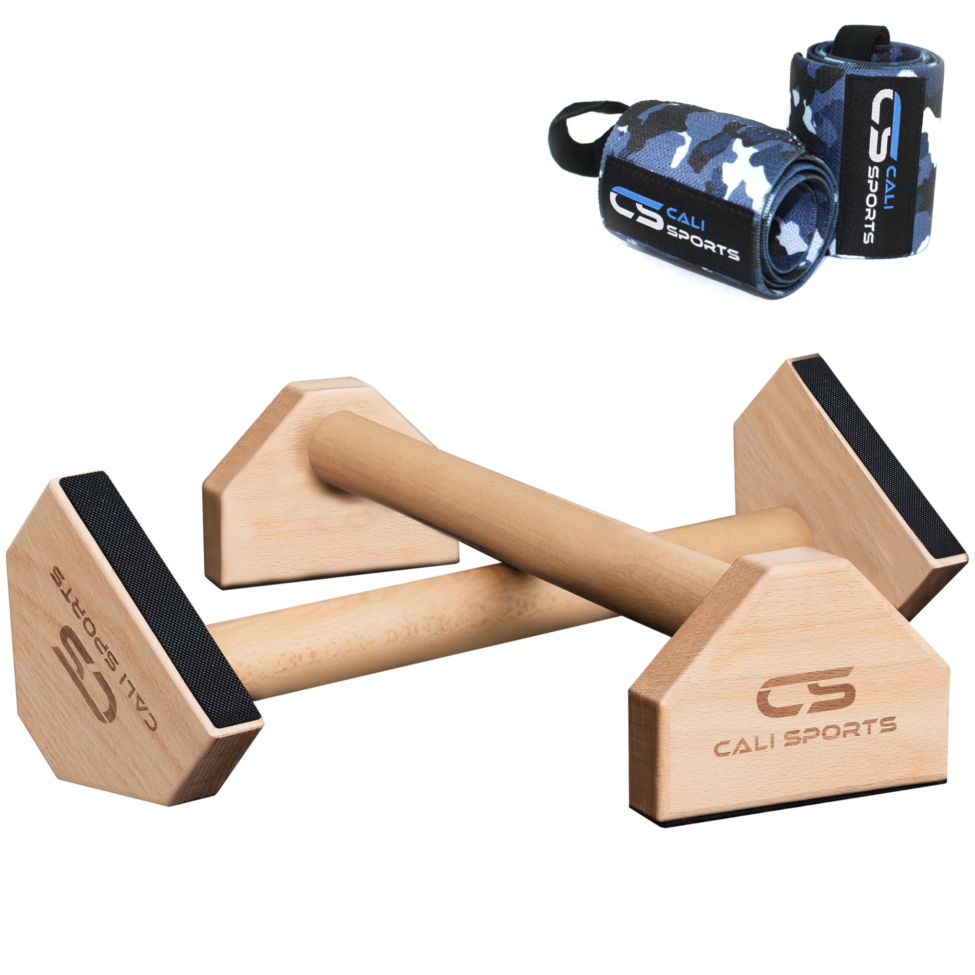 CALI SPORTS Calisthenics Wood Parallettes Bars | Push Up Bar That Will Not Slip or Wobble | Wrist Wraps Included (Long)