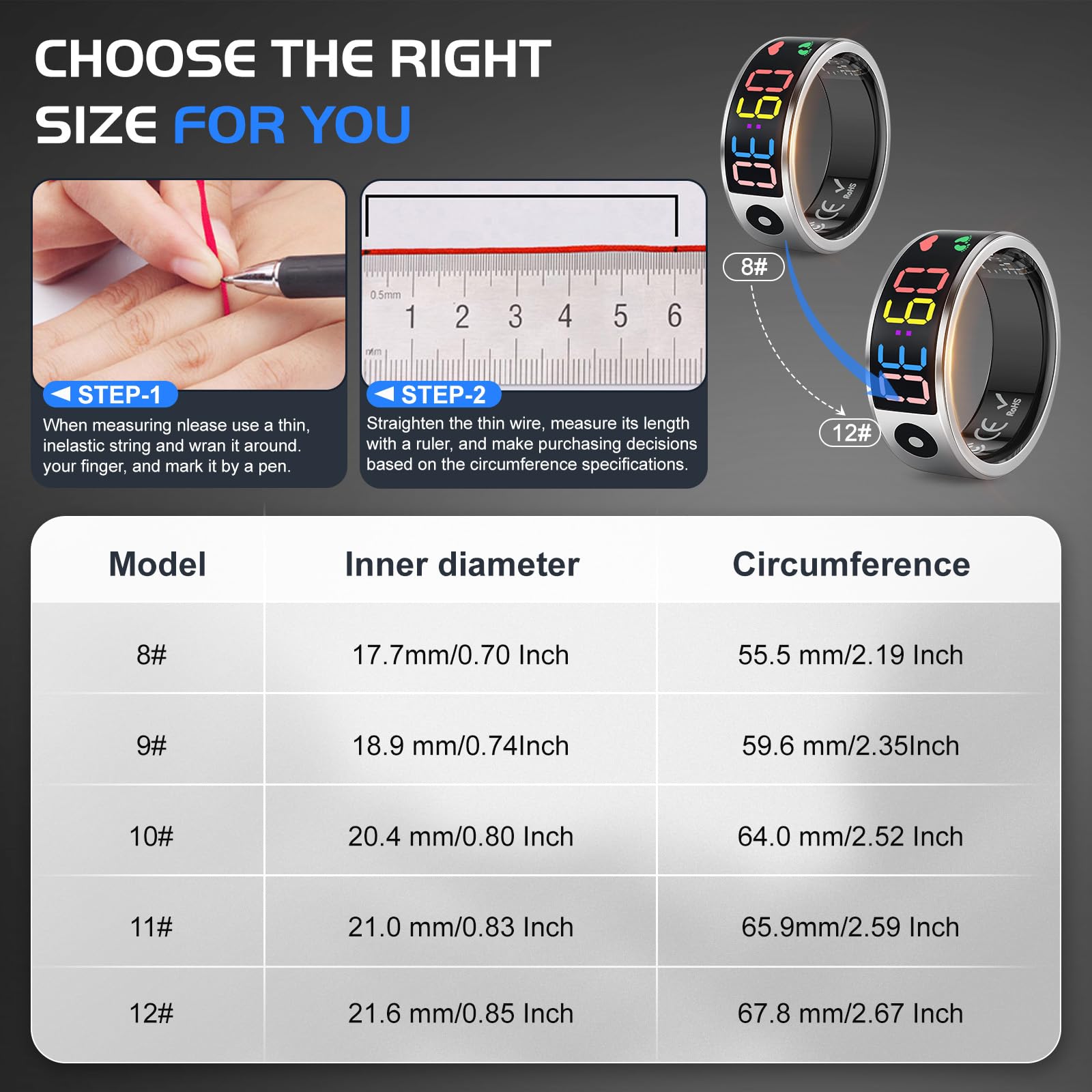 Smart Ring for Men Women, Sleep & Heart Rate Monitor Health Ring, Fitness Ring Heart Rate Blood Oxygen Sleep Monitor Step Counter Activity Tracker for Android iOS with Charging Case (#12-Y)