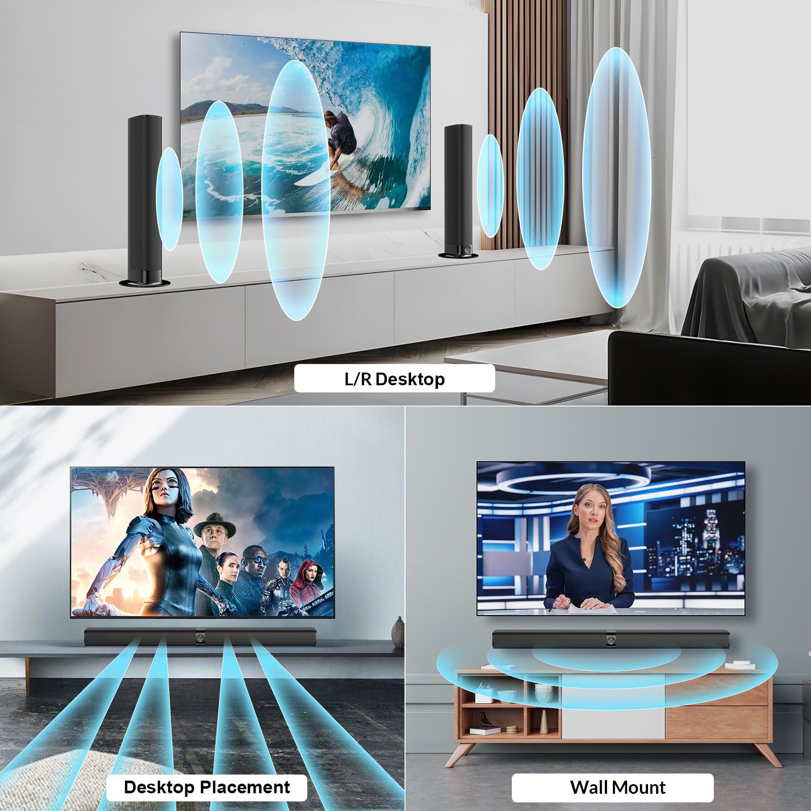 GarageRock Sound Bar for TV, Soundbar 2-in-1 Detachable Sound Bars with Auto Volume Boost for Clear Sound, TV Speakers with 3 EQ Modes, Bluetooth 5.3/ARC/Opt/AUX Connection for PC/Gaming/Projectors