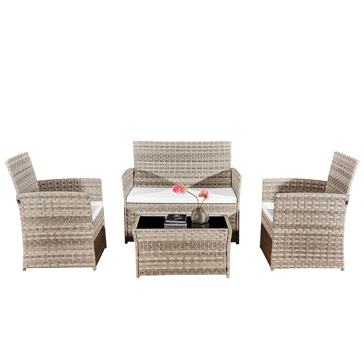4 Piece Rattan Garden Furniture Sets, Patio Conservatory Set, Include Rattan loveset Sofa, Chair, Glass Coffee Table