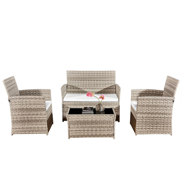 4 Piece Rattan Garden Furniture Sets, Patio Conservatory Set, Include Rattan loveset Sofa, Chair, Glass Coffee Table