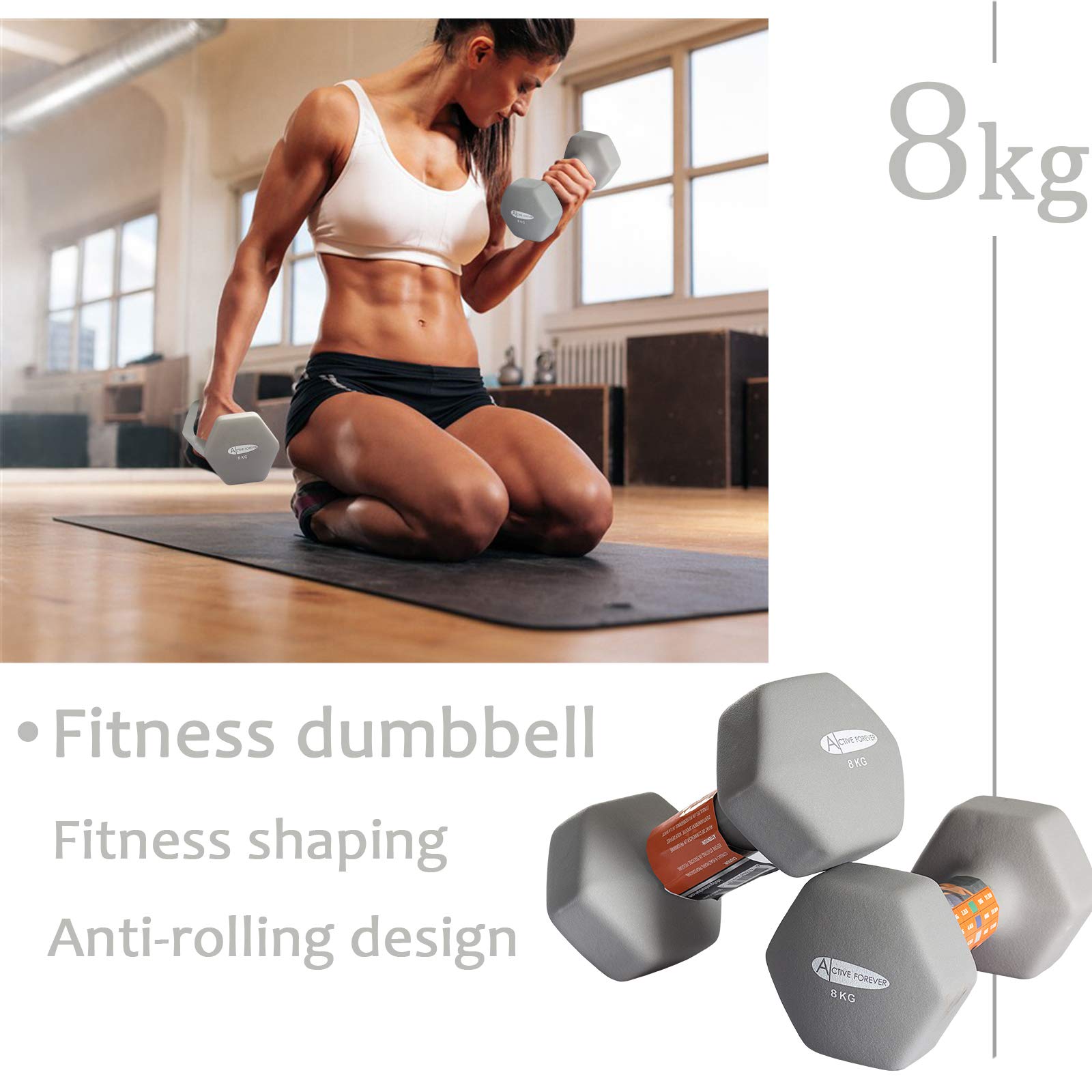 ACTIVE FOREVER Dumbbells 2?8kg, Set of 2, Hex Dumbbells Pair, Neoprene Waterproof Non-slip Dumbells Set (Grey)