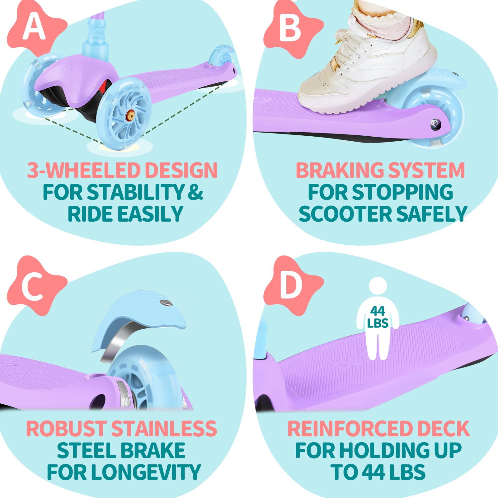 BELEEV Scooter for Kids Ages 2-6, 3 Wheel Scooter for Children Toddlers Girls Boys, Light-Up Wheels, 4 Adjustable Height, Lean to Steer, Non-Slip