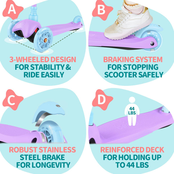 BELEEV Scooter for Kids Ages 2-6, 3 Wheel Scooter for Children Toddlers Girls Boys, Light-Up Wheels, 4 Adjustable Height, Lean to Steer, Non-Slip