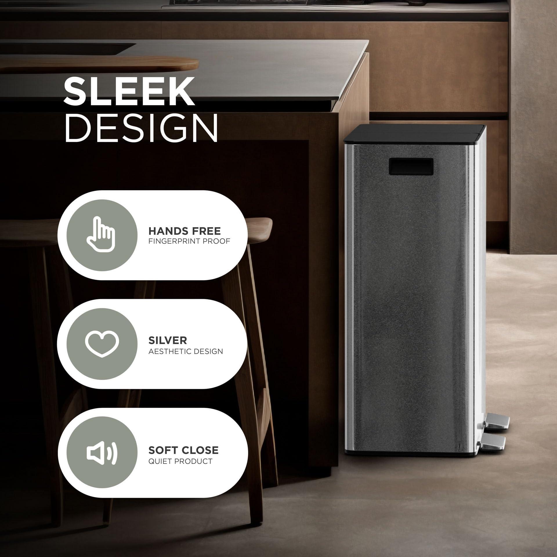 DMD | 60L Dual Stainless Steel Rubbish Bin, 2 x 30L Removable Recycling Bins | 3L Compost Bin Included, Soft Closure, Easy Clean, Metal Pedals,