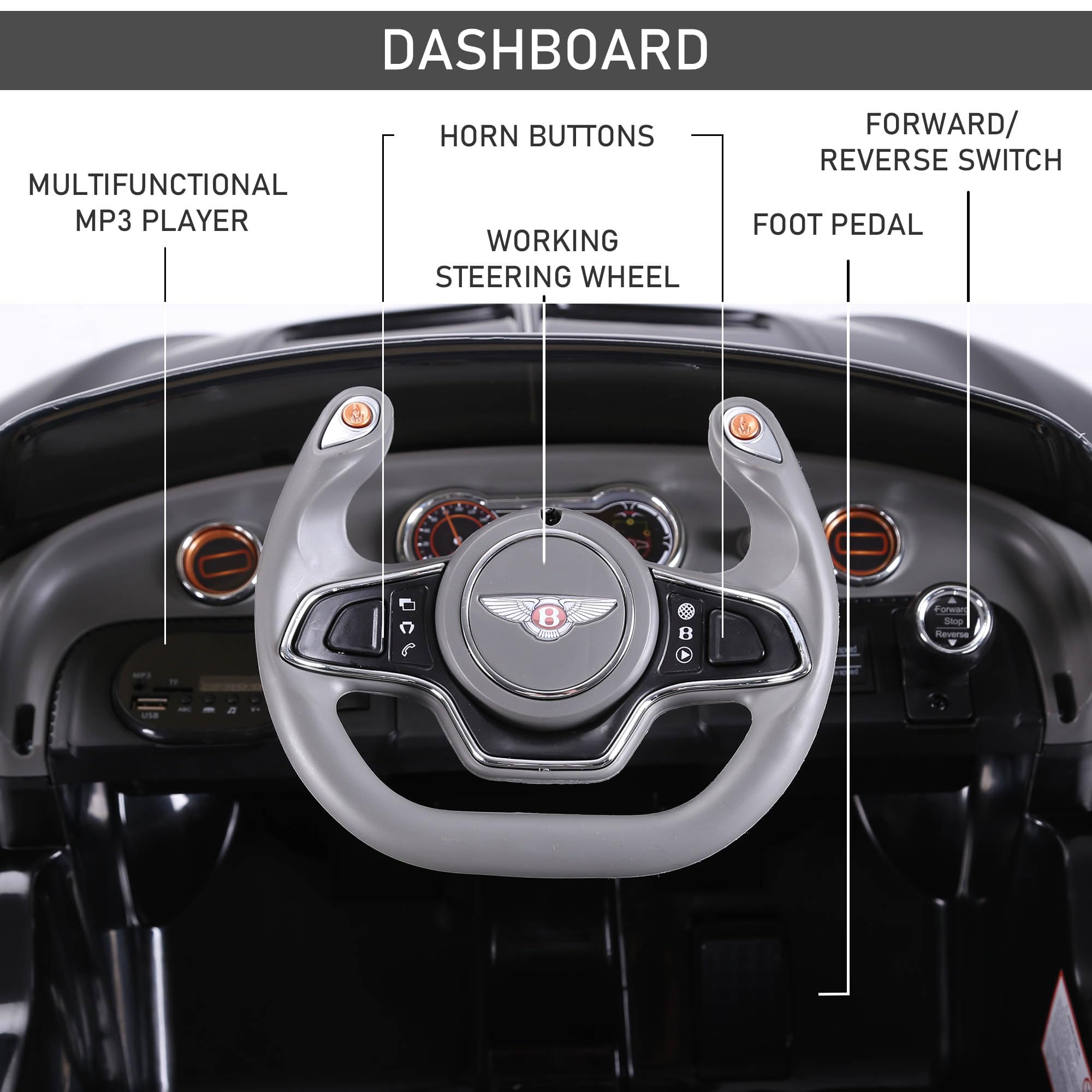 HOMCOM Bentley GT Licensed 12V Electric Car for Kids, Kid's Electric Ride on with Remote Control, Ride on Car with LED Lights, Music, for 3-5 Years, Black