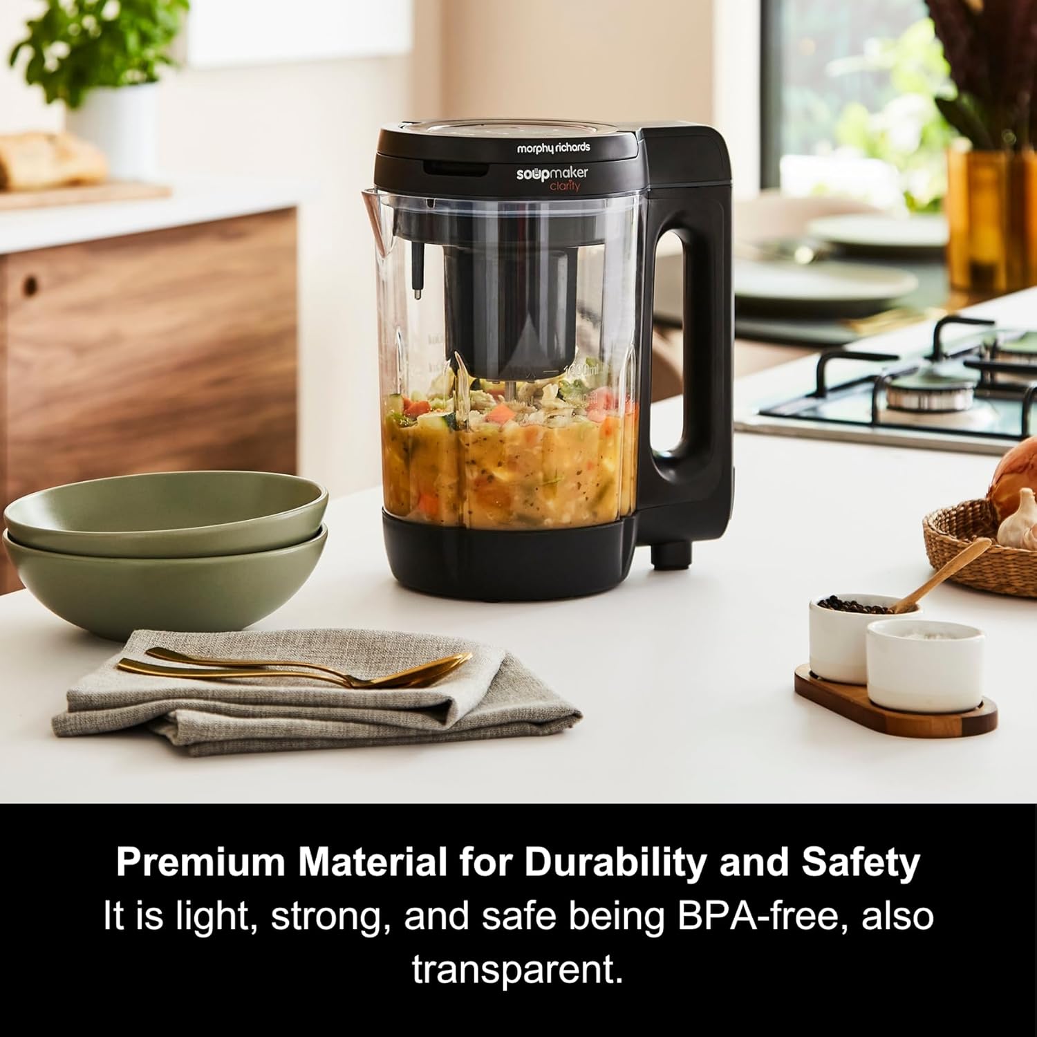 Morphy Richards 1.6L Clarity Soup Maker, Portion Control, 9 Featured Settings, Smart Response Technology, Keep Warm, Soup and Smoothie Maker, White & Black, 501050