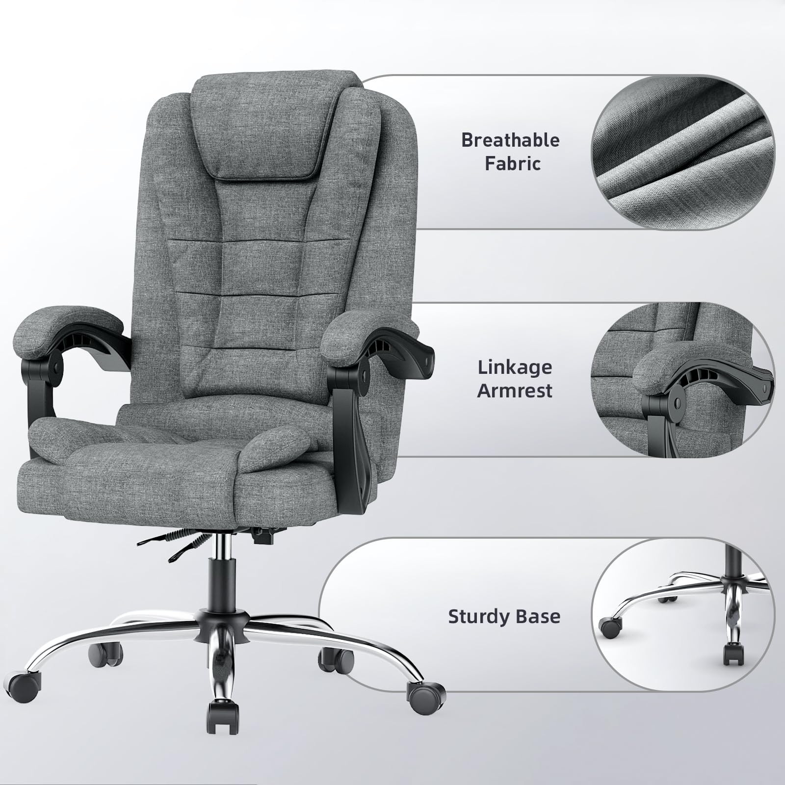 naspaluro Executive Office Chair High Back Desk Chair Ergonomic Recliner Computer Chair Gaming Chair with Tilt Function Heavy Duty for Home Office Working (Grey Fabric)