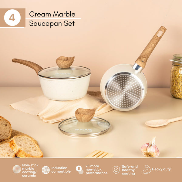 Induction Saucepan Set with Lid  Non Stick Saucepan for Induction  2pcs Cream Granite Sauce Pan  16cm, 18cm Saucepot Set  by Nuovva