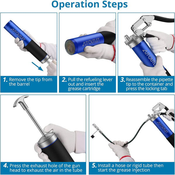 AUTOUTLET Grease Gun 6000PSI with Hose Manual Lever One-handed Grease Gun Spray Gun for 400cc Cartridges 500cc Bulk Butter Anti-slip Thicker Threaded Spring for Automotive Trailers Industrial