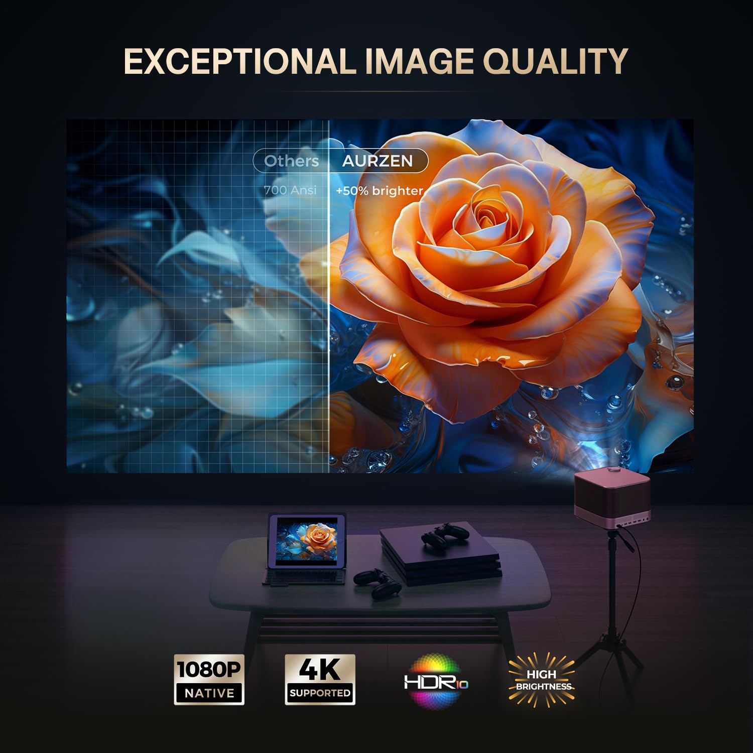 NetfIix Officially & DoIby Audio,AURZEN 4K Supported Smart Projector with Auto Focus & Keystone, +100% Lumens, HDR 10 60Hz WiFi Bluetooth Outdoor Projector for Smartphone/USB/HDMI/USB