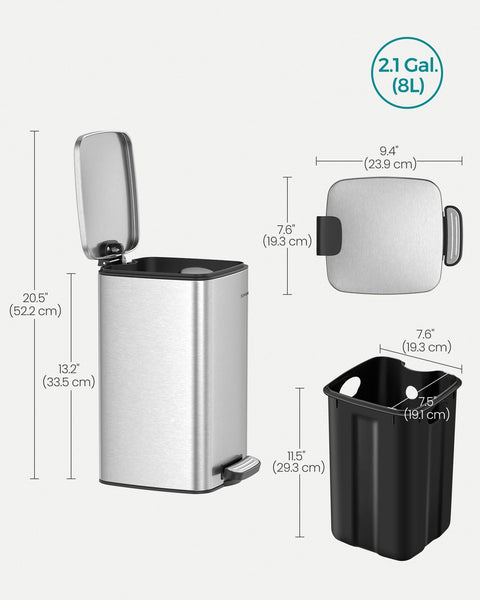 SONGMICS Kitchen Bin, 8-Gallon (30 L) Trash Bin, Steel Pedal Bin, with Inner Bucket, Soft Close and Stays Open, Metallic Silver LTB593E01