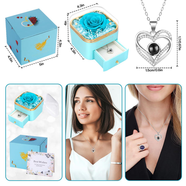 Firestyle Preserved Light Blue Real Rose with I Love You Necklace in 100 Languages Eternal Flowers Rose Gifts for Her Women Mum Wife Girlfriend on