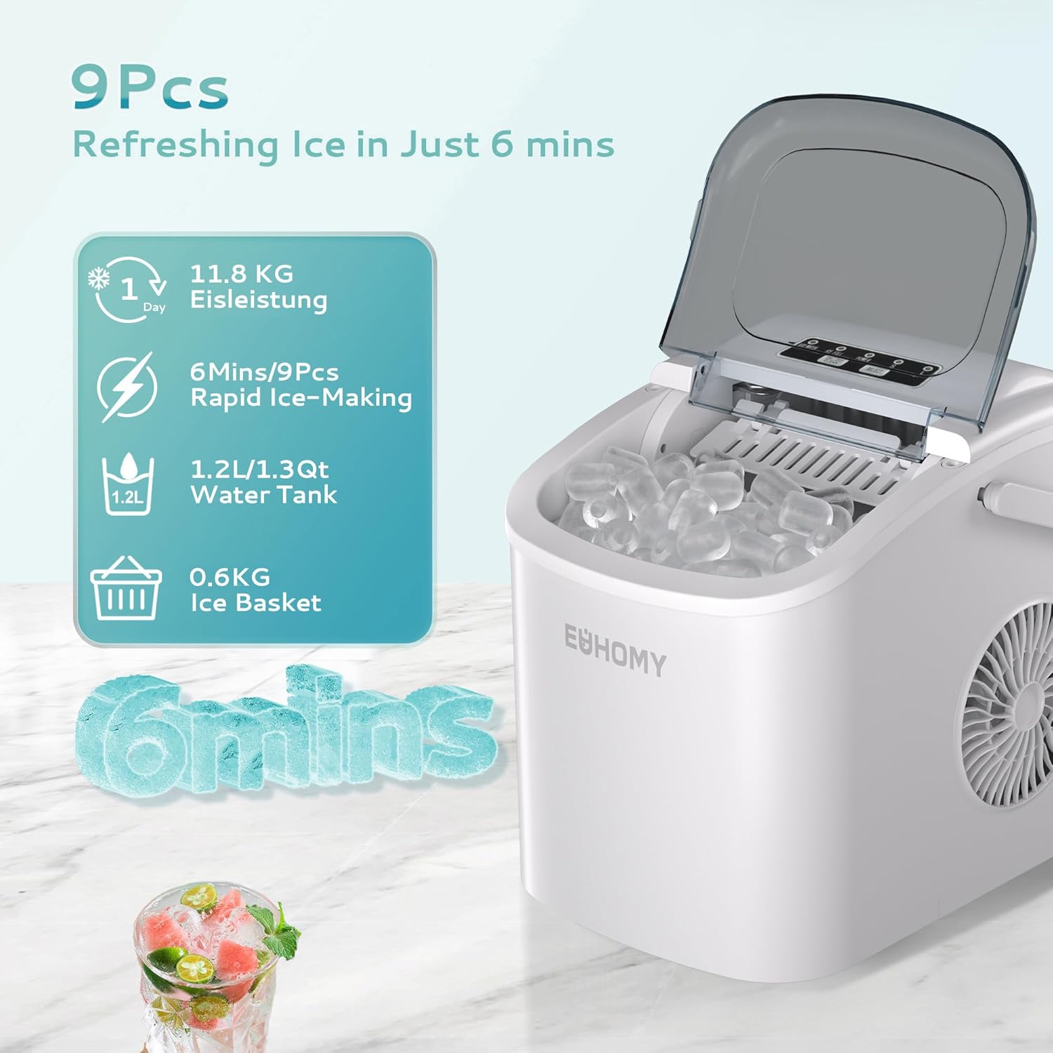 Ice Maker Machine Countertop Ice Cube Maker with Portable Handle, 9 Ice Cubes in 6 Mins, Self-Cleaning Compact Ice Maker 12 kg in 24 Hrs, with Ice Scoop and Basket for Home/Kitchen/Office/Bar