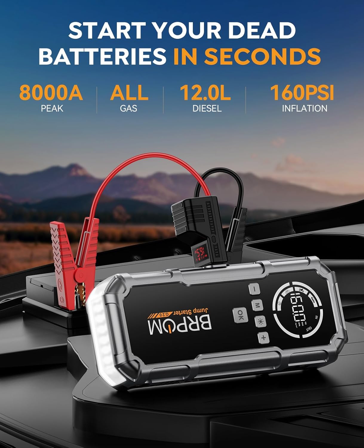 Jump Starter Power Pack with Air Compressor, BRPOM 8000A Portable Jump Starter 160PSI(All Petrol/12L Diesel), 12V Car Jumper Power Bank with Jump Clamps, LCD Screen, Emergency Light