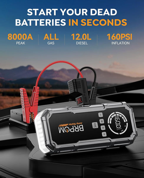 Jump Starter Power Pack with Air Compressor, BRPOM 8000A Portable Jump Starter 160PSI(All Petrol/12L Diesel), 12V Car Jumper Power Bank with Jump Clamps, LCD Screen, Emergency Light