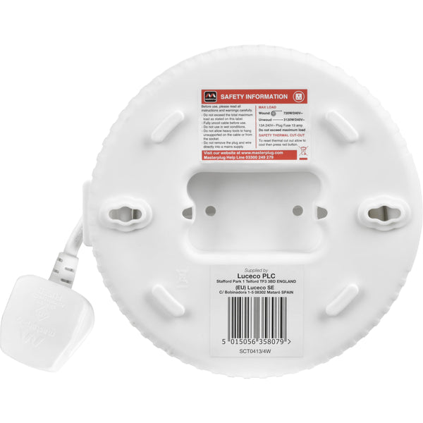 Masterplug Four Socket Cassette Reel Extension Lead, 4 Metres, White