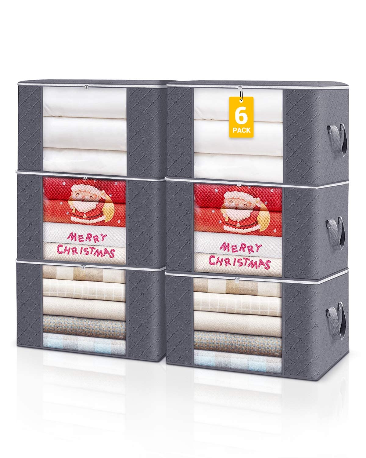 KALAHOL 90L Large Capacity Clothes Storage Bags with Zips, Storage Boxes with Lids, Reinforced Handle, Foldable, Thick Fabric, for Comforters, Clothes, Blankets, Bedding, 4 Pack, Dark Grey